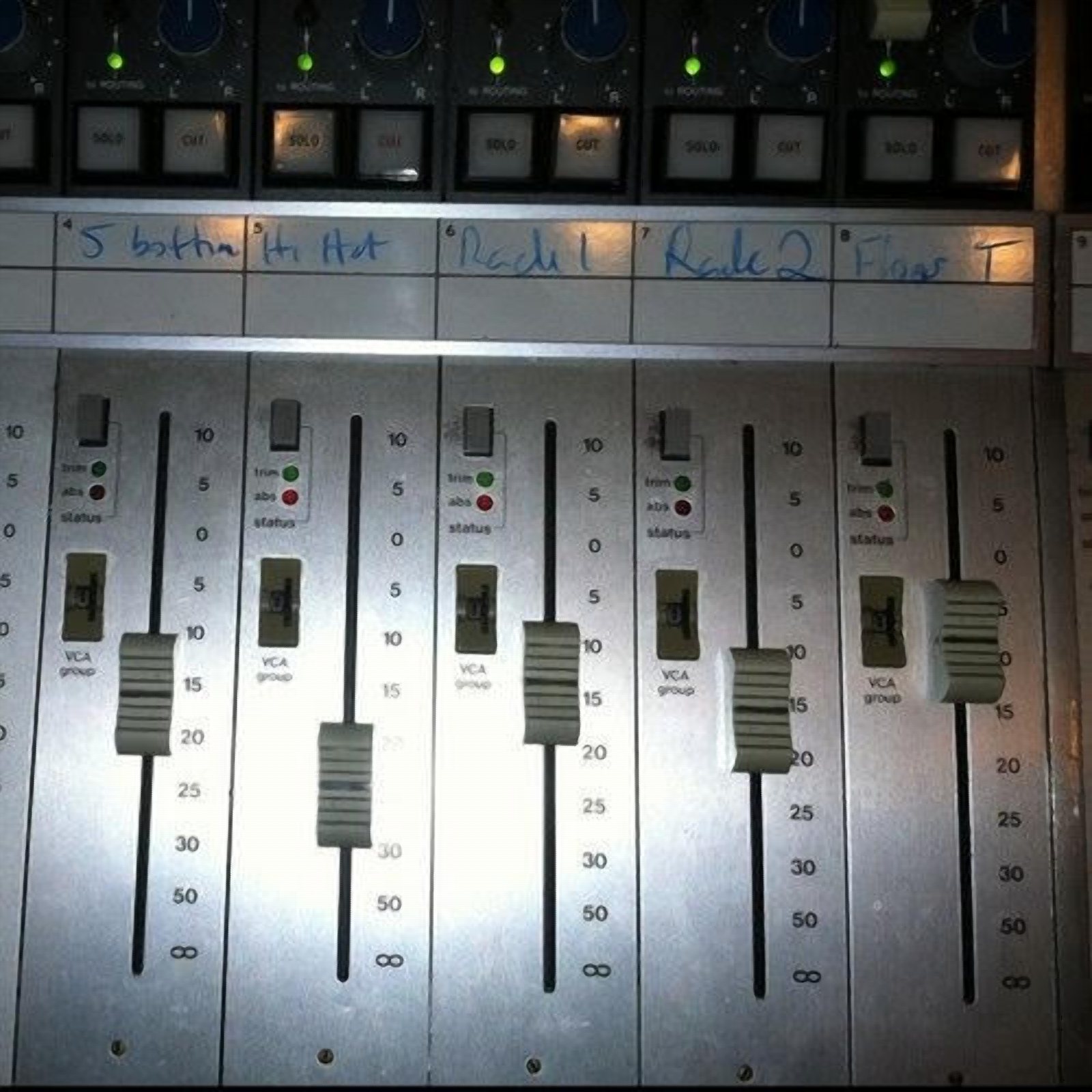 Close-up of mixing console faders
